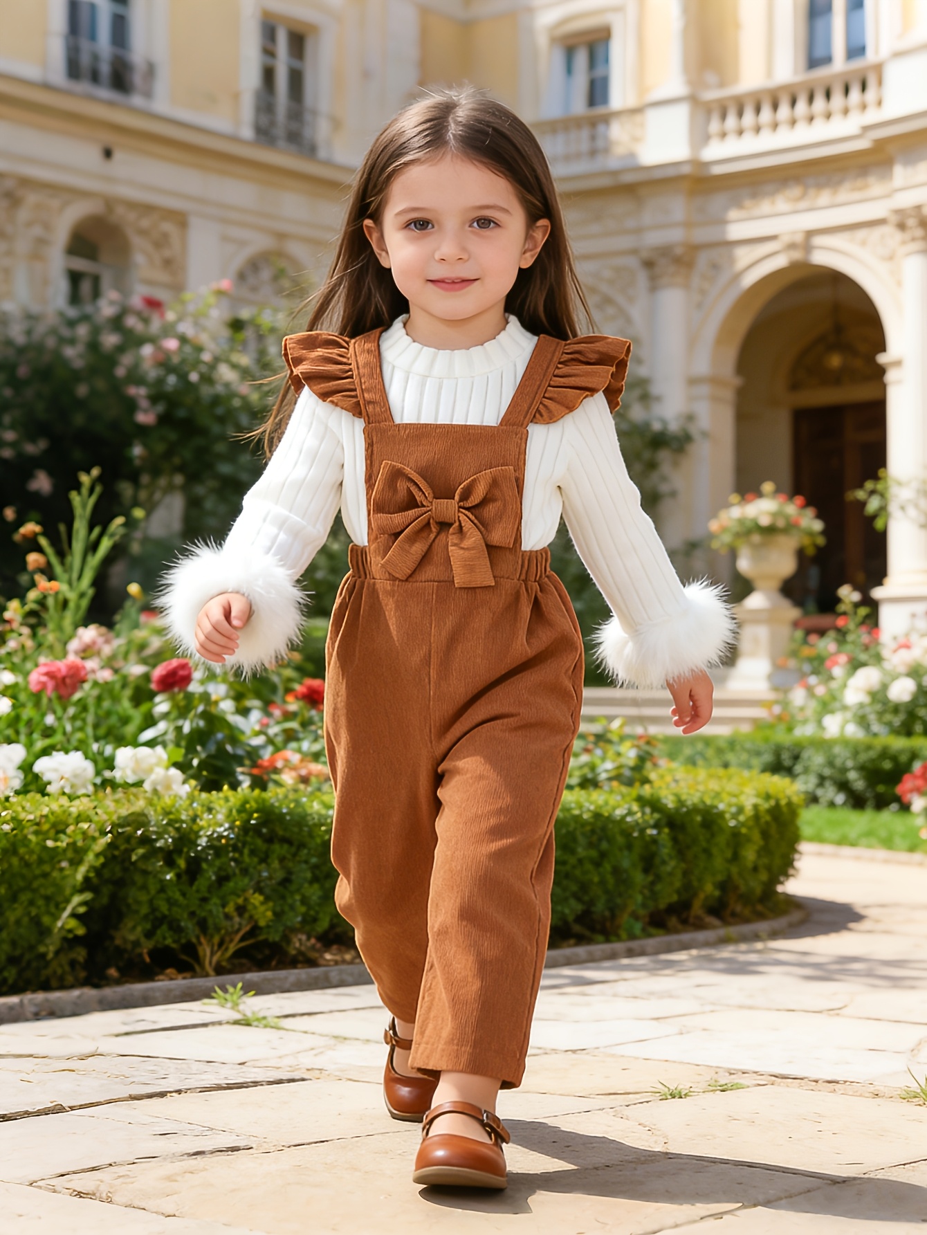 2pcs girls pants set   plush cuff top bow overalls girls daily wear   outdoor Product details 0