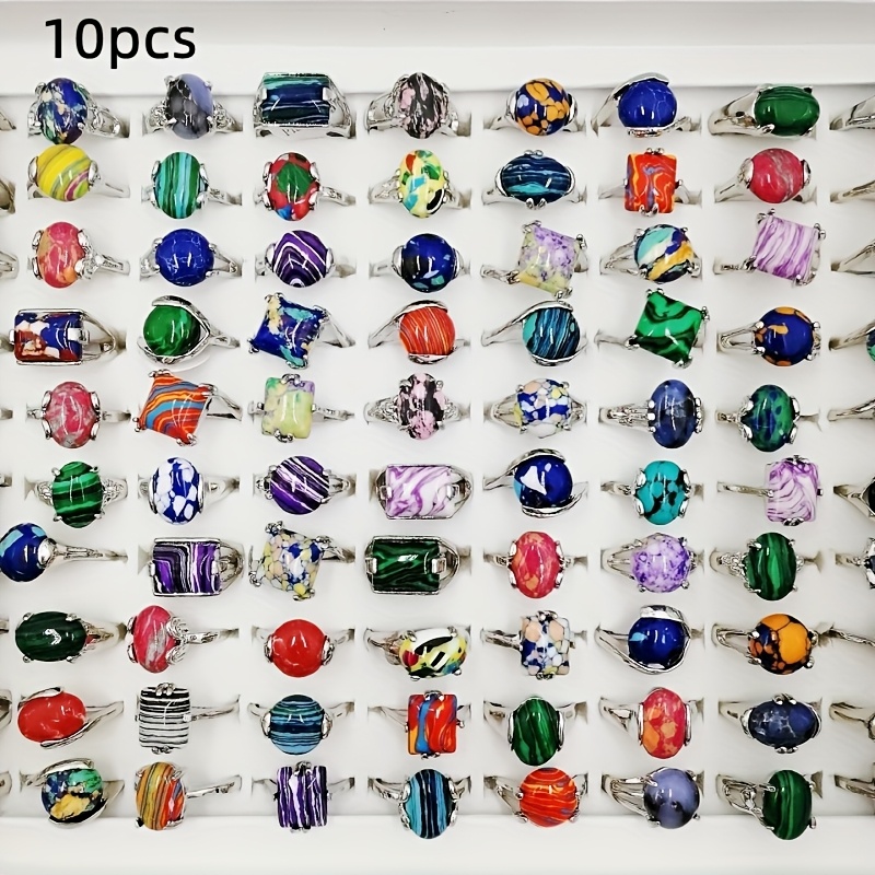 TEMU 10 piezas/ Anillos de piedra sintetizada a rayas para mujeres y hombres, dijes de anillos para dedos, joyería vintage para fiestas, suministros