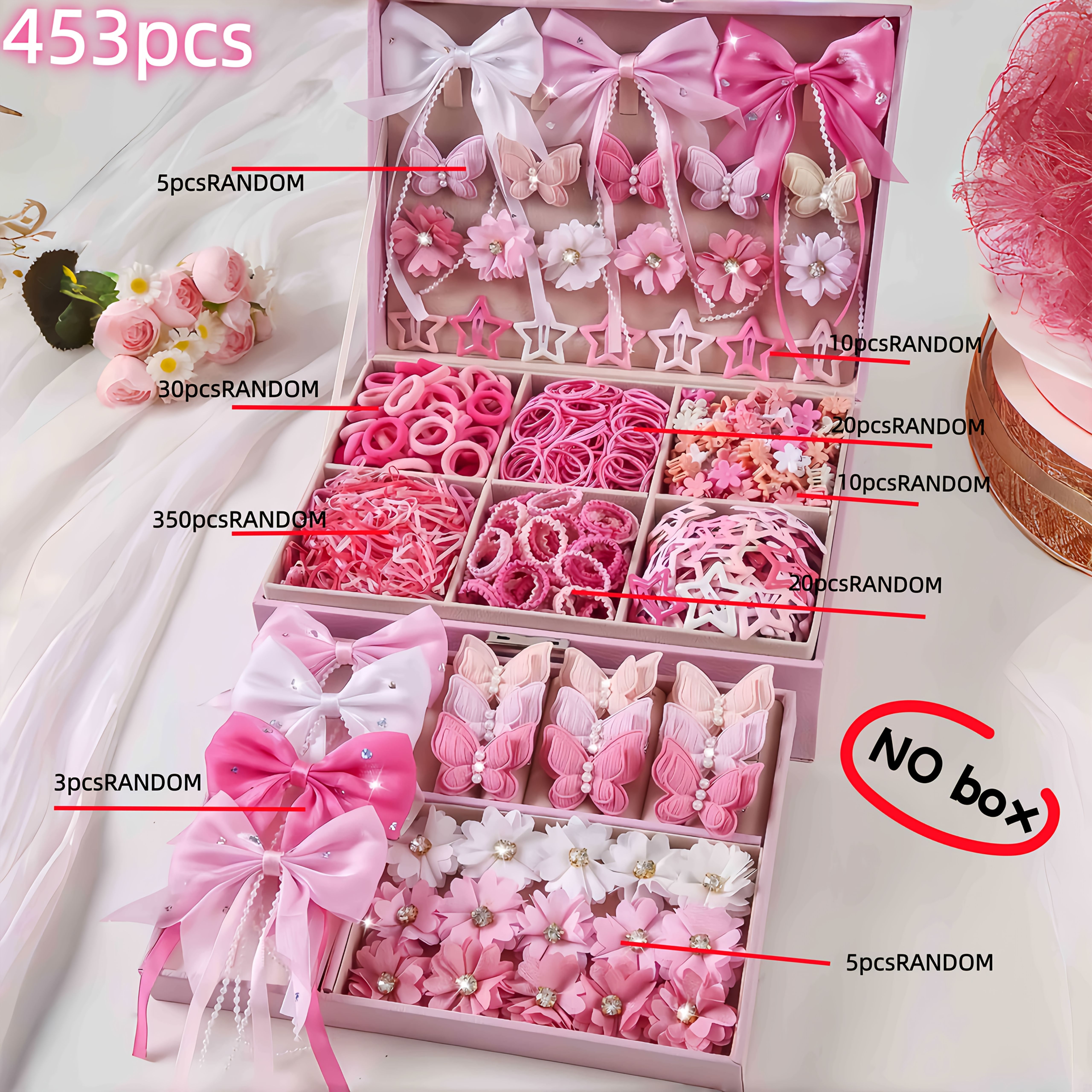 E-shop 453-teiliges Set Damen Haarspangen mit rosa Perlen und Schmetterlingen, süße Haar-Accessoires im Prinzessinnen-Stil, elastische und haltbare