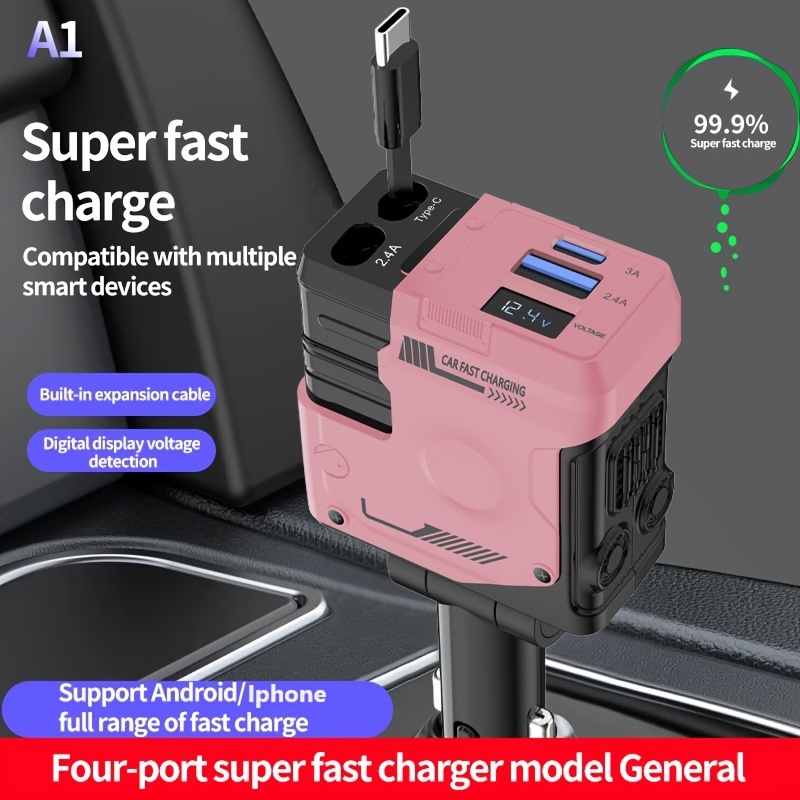 TEMU 120w Mecha Fast Car Phone Charger, Retractable Cable And Usb Car Charger, 180° Free Adjustment, With 2.6ft Retractable Cable For , Pixel, For