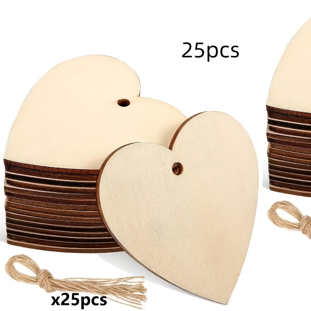 Image of 50pcs Wooden Heart Ornaments - Includes 25 Wood Slices And 25 Ropes, Wooden Valentine's Day Wedding Decorations, Suitable For Christmas, Easter, Parties Party Decorations - Hanging Wooden Decorations