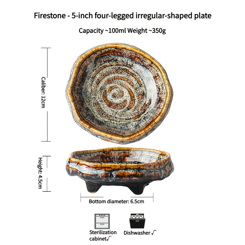 1pc Bitan/huoyan Footed Dish, 5 Inch Cracked Glaze Quadripod Ceramic Plate, Restaurant Appetizer Saucer, Elevated Condiment/dessert Tray
