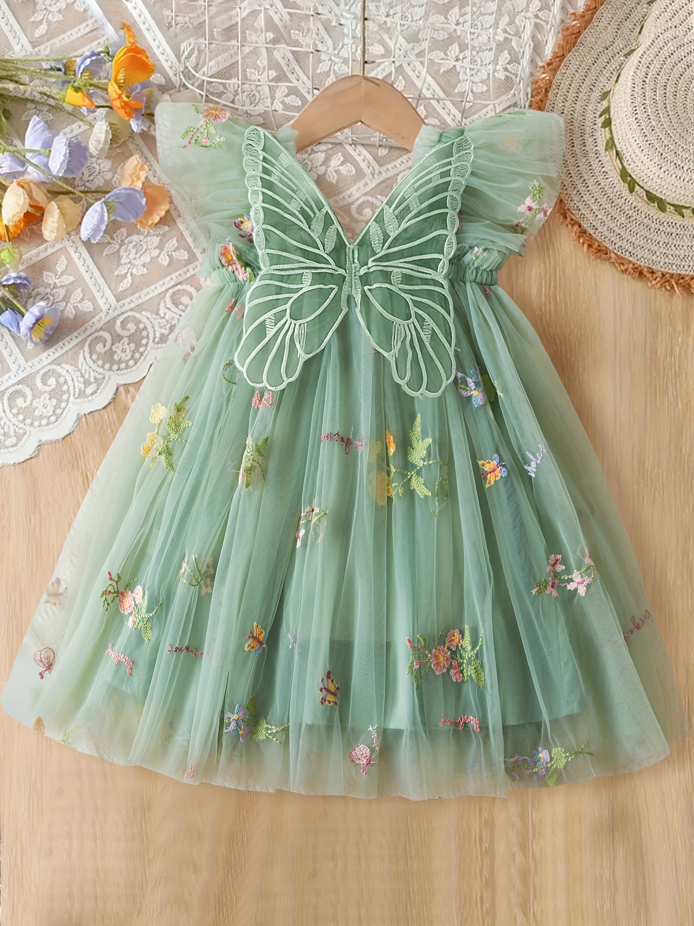 girls summer new style dress sweet bow and wing decor floral embroidery mesh princess dress infant 1st birthday   dress
