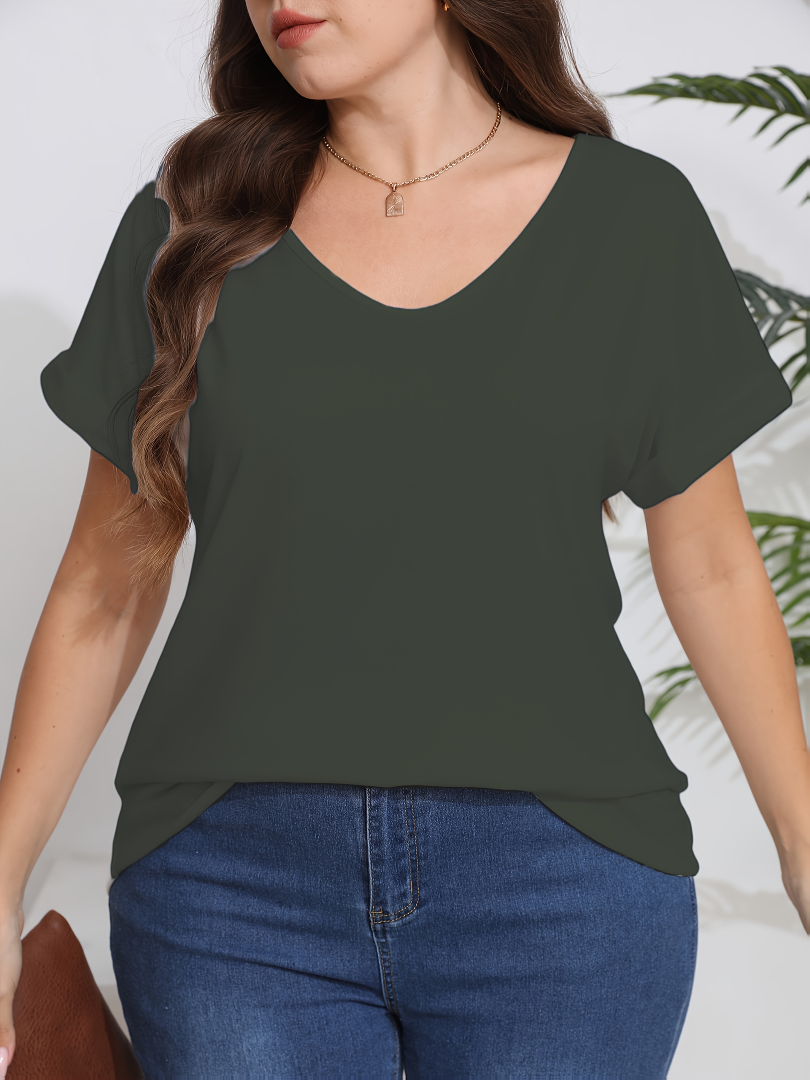 Plus Size, Plus Size Women's Elegant V-Neck T-Shirt - Soft Semi-Sheer Fabric, Vibrant Red, Machine Washable, Spring Summer Fall Casual Top, Ladies T Shirts, Seasonal Fashion, Sophisticated Casual, Comfortable Fit