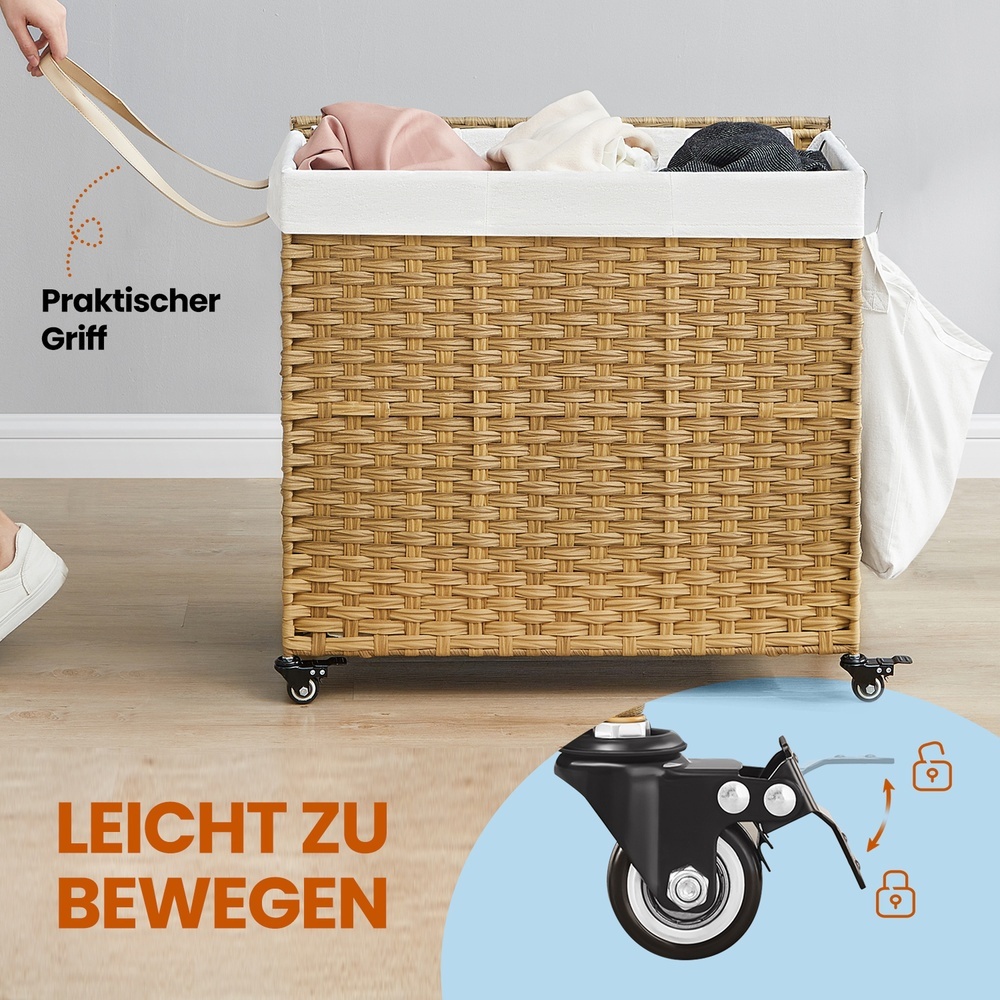 E-shop Wäschekorb mit Deckel, 160 Liter Fassungsvermögen, ausgestattet mit Rädern, dreiteilig für die Sortierung von Kleidung, ähnlich Rattan,