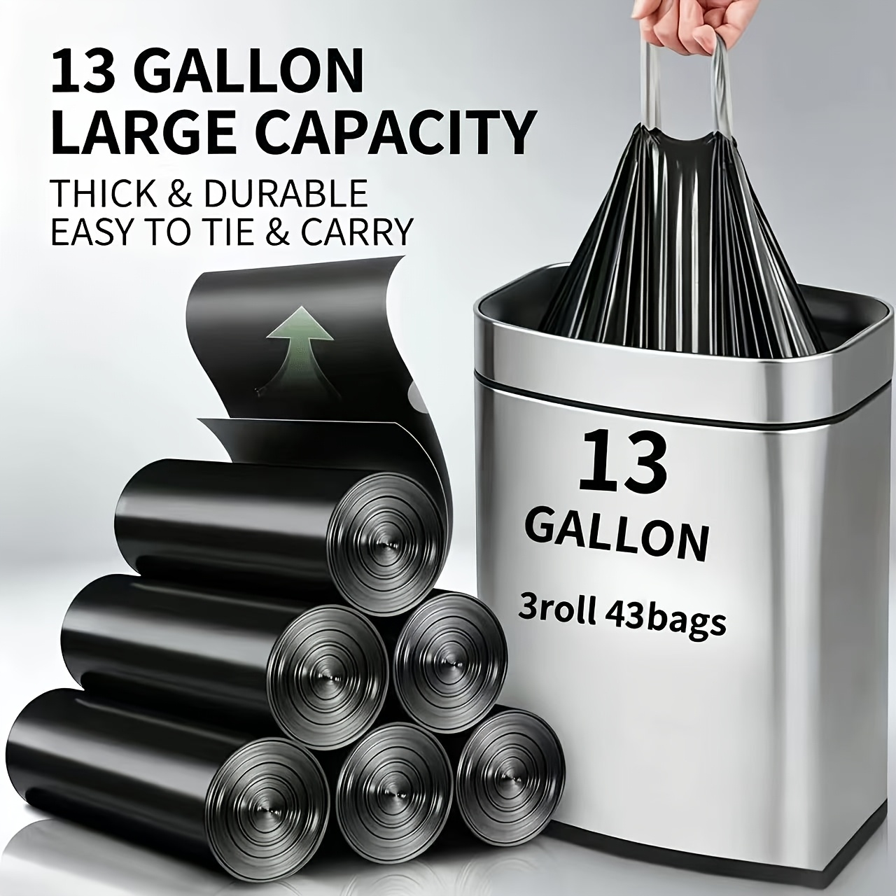 TEMU 3 Rolls Of 43 Bags Heavy-duty Commercial Garbage Bags, Anti Puncture And Tear Garbage Bags, Deodorization Technology, Drawstring Garbage Bags,