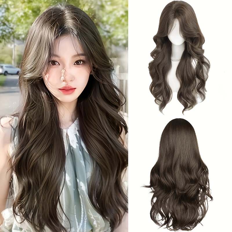 Image of 28-inch Brown Wigs Designed For Women, Featuring Long Wavy Styles With Bangs, Made From Synthetic Heat-resistant Materials Suitable For Everyday Wear