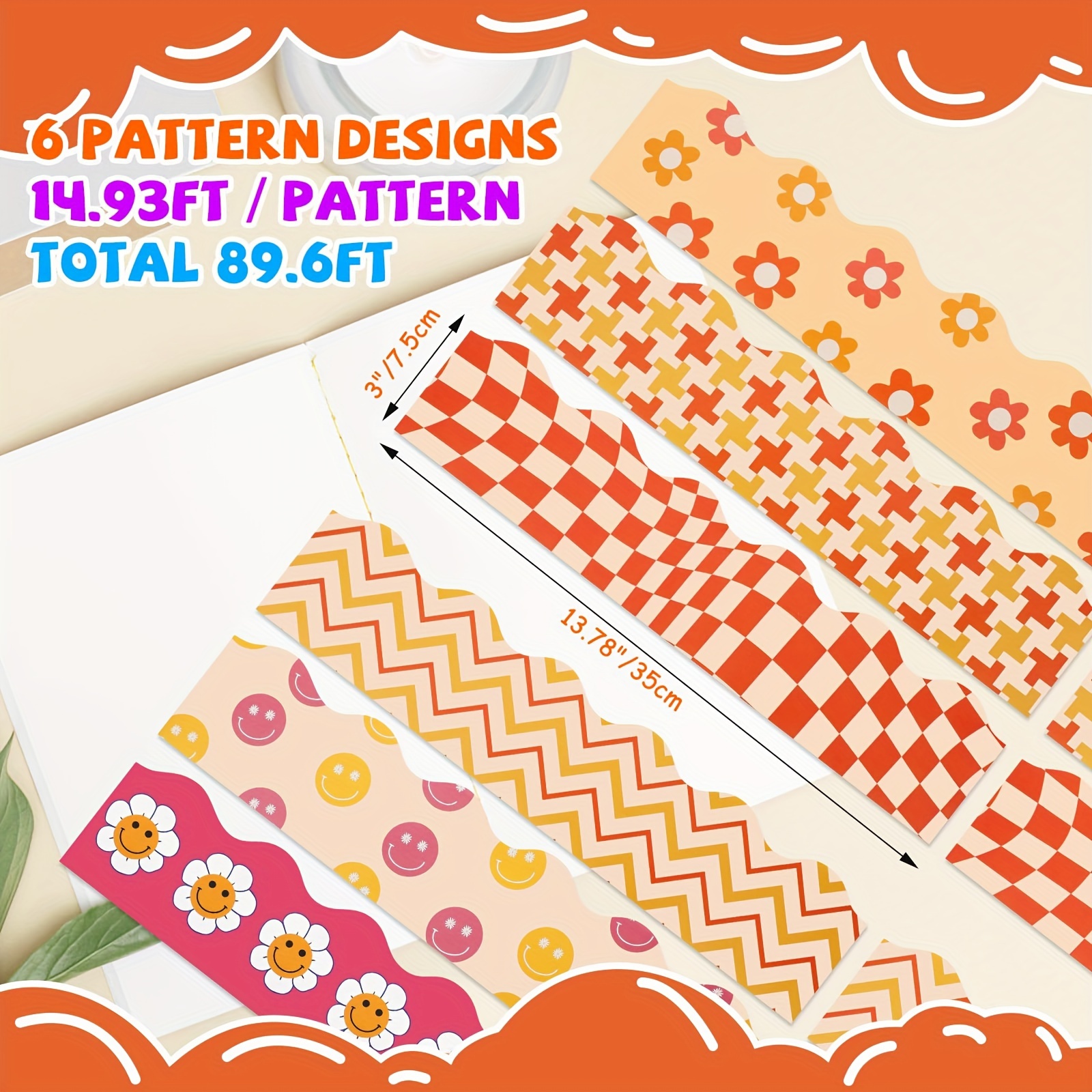 89.6ft Bulletin Board Borders, Boho Scalloped Rolled Border Trim For