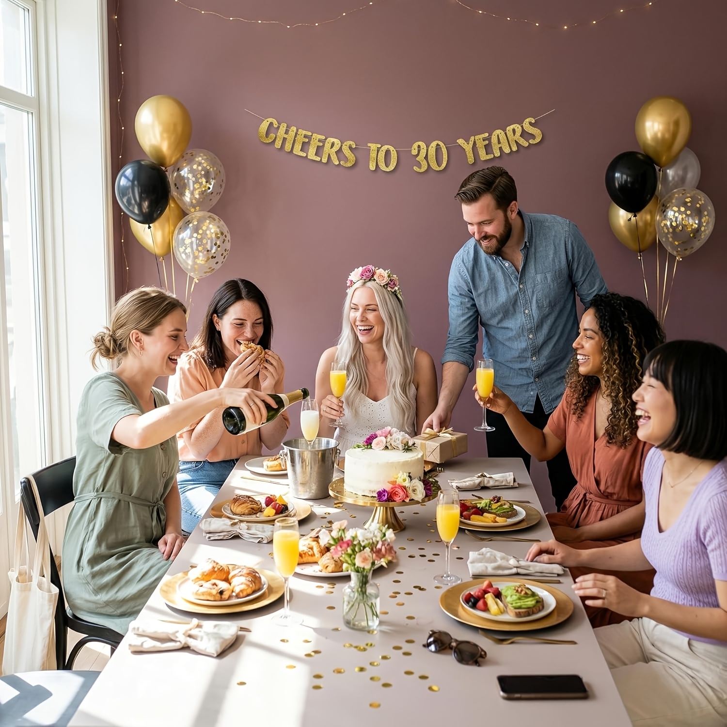 Image of Celebrating 30th Anniversary Golden Glitter Banner - 30th Birthday And Anniversary Decorations - Party Supplies And Gifts For Men And Women