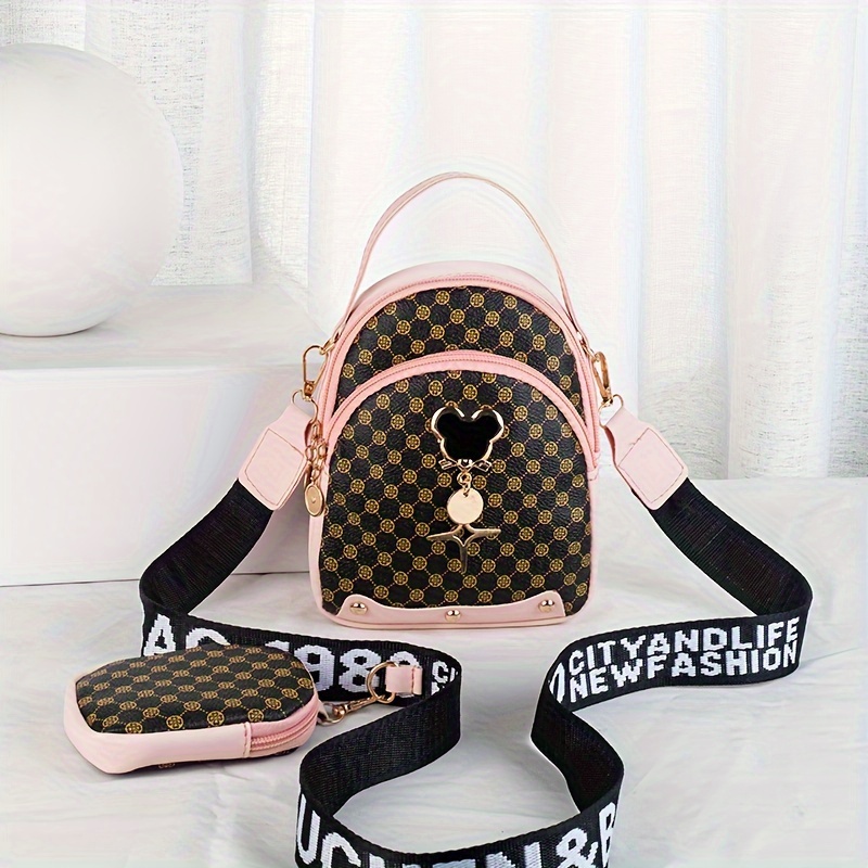 Image of Stylish Easy Crossbody Bag With Letter Shoulder Strap And Polka Dot Print - 2pcs Set For Casual Fashion