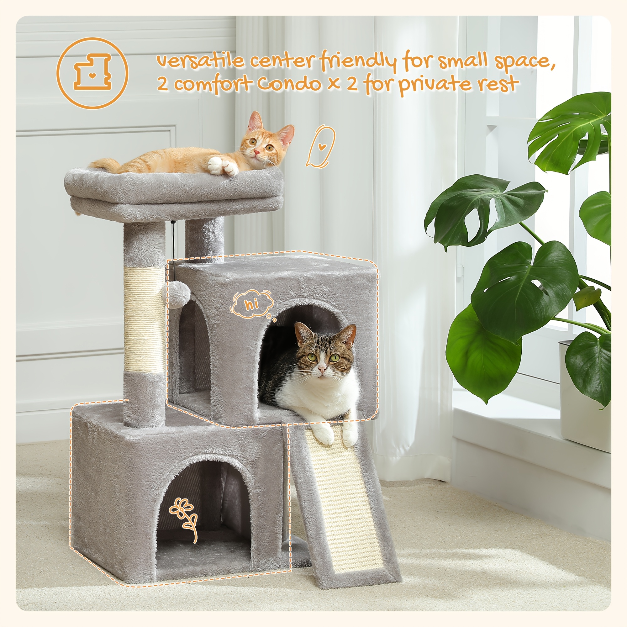     Scratching Post with Dual Condos for Indoor Cats,   Cat House with Padded Perch, Scratching Ramp And Posts, with Interchangeable Balls