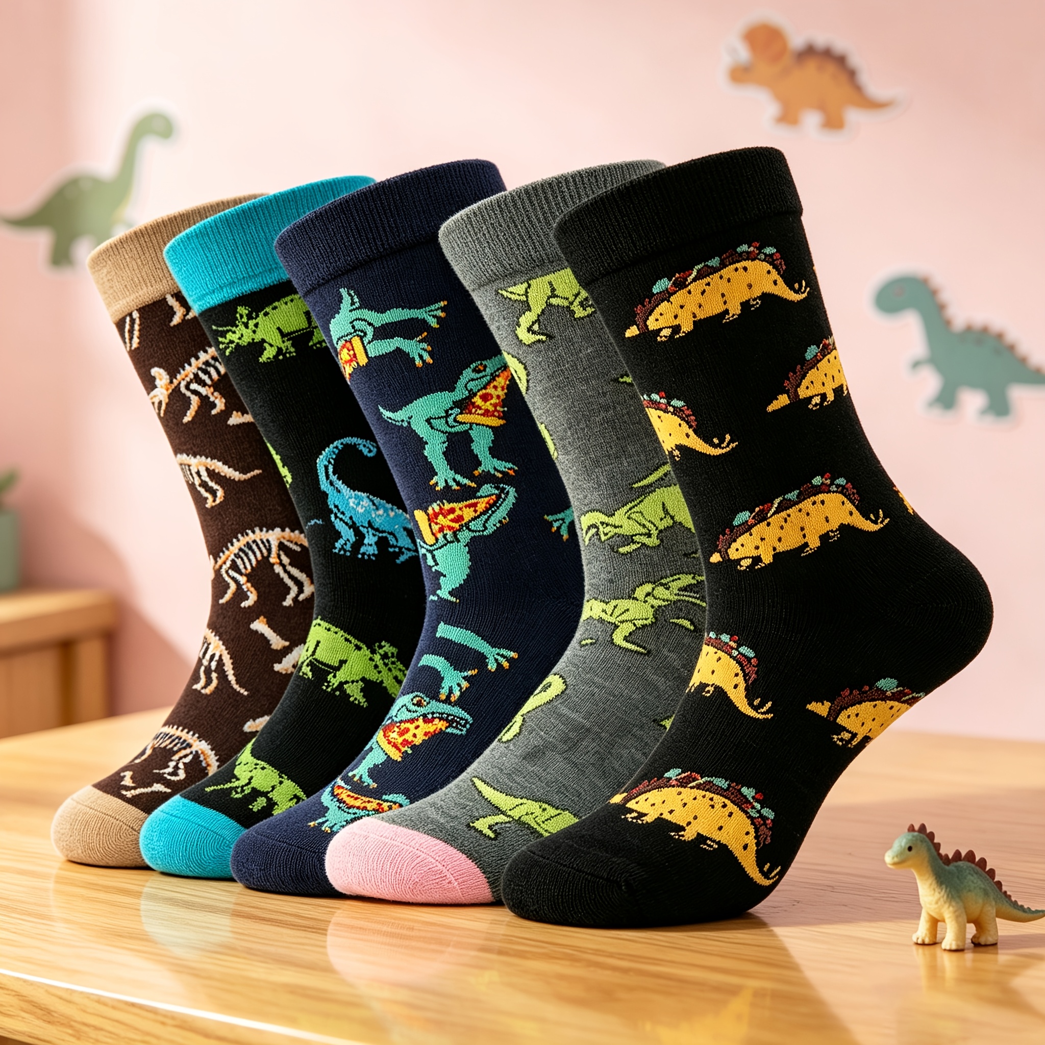 TEMU 5 Pairs Fun Dinosaur Pattern Mid-calf Trendy Socks, Cool Matching, Comfortable And Skin-friendly, Individual Prints, Versatile For Daily Wear