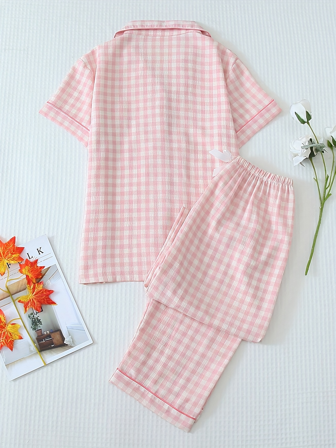 checkered print pajama set short sleeved v neck button shirt and stretch trousers polyester pajama set machine washable Product details 0