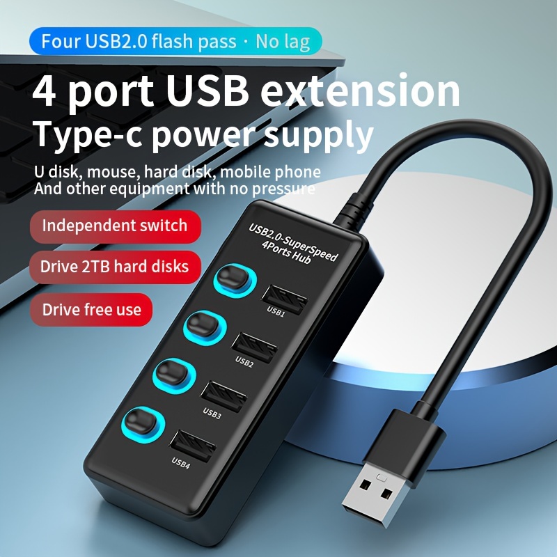 USB Hub, 4-Port USB 3.0 Hub Splitter with 2 ft Extended Cable, Ultra Slim  Data USB Extender with Individual Power Switches and LED