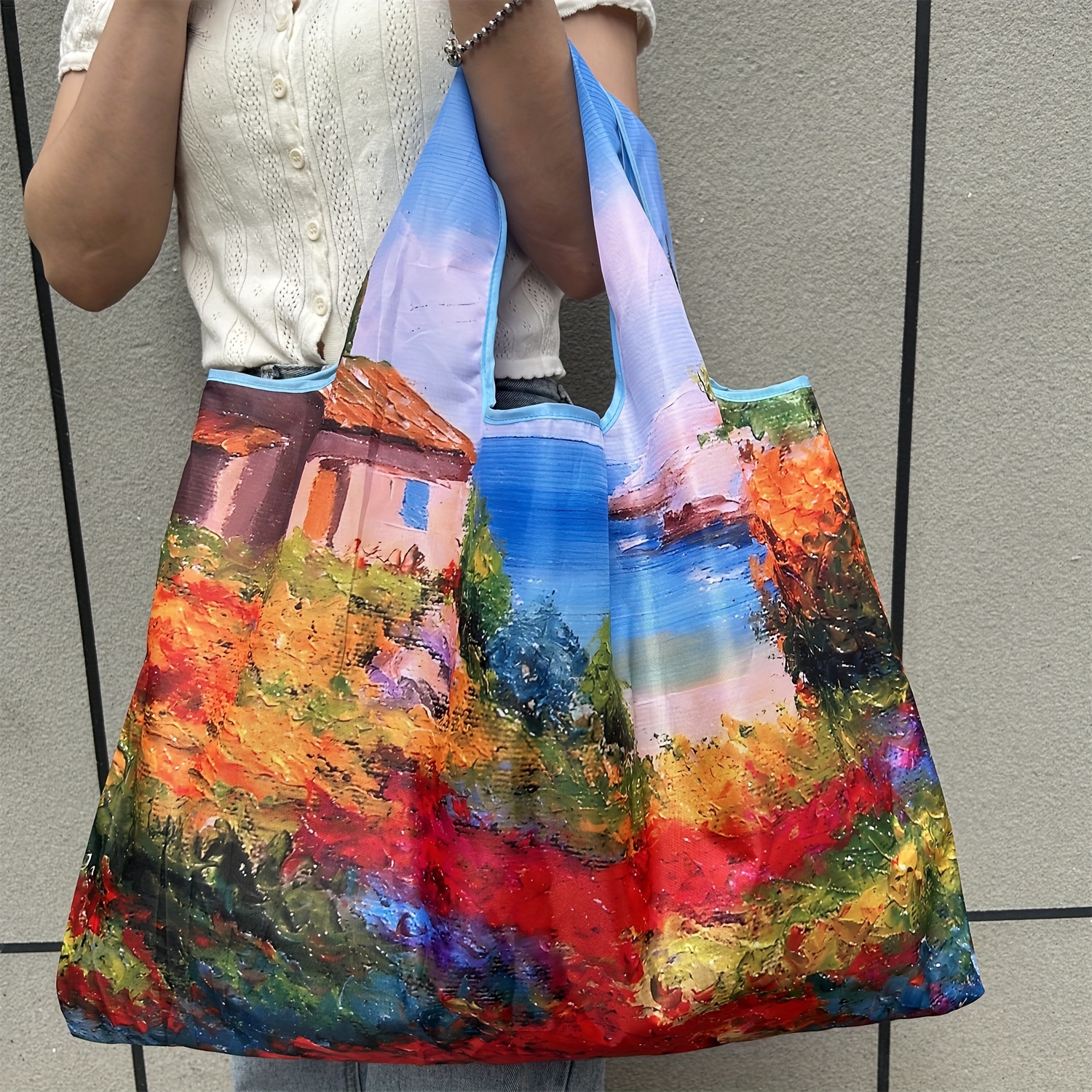 

Oil Painting Style Folding Lightweight Tote Bag For Men Women, Beach Print Large Capacity Reusable Portable Shopper, Grocery Handbag Shoulder Bag