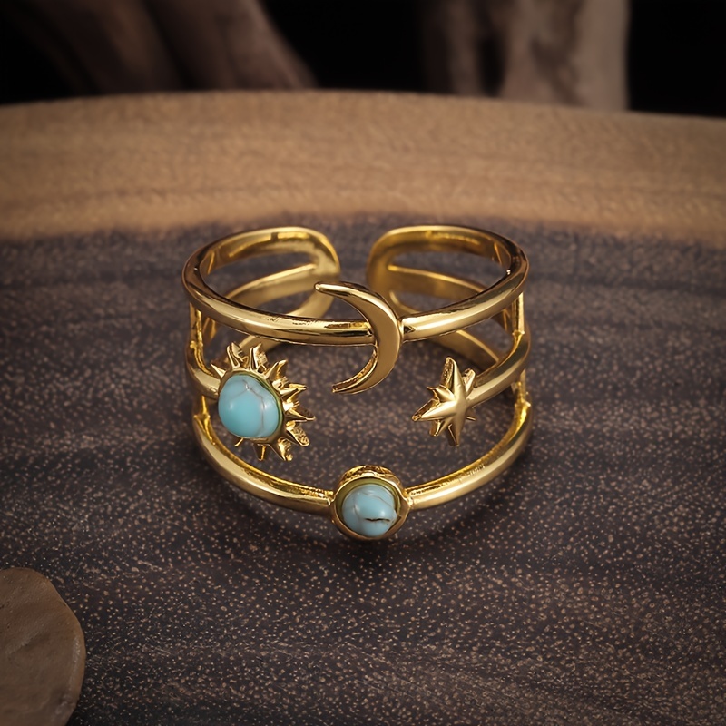 Adjustable Stainless Steel Ring with Moon Star Sun Turquoise Inlay