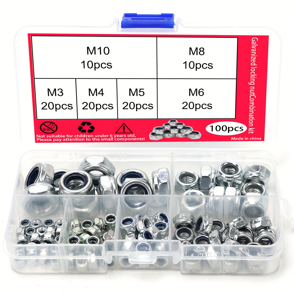 100pcs Galvanized High-strength Mechanical Anti-loose Nuts, Galvanized Anti-loose Nuts, Nylon Anti-loose Nuts, Locking Nuts, Self-locking Nuts