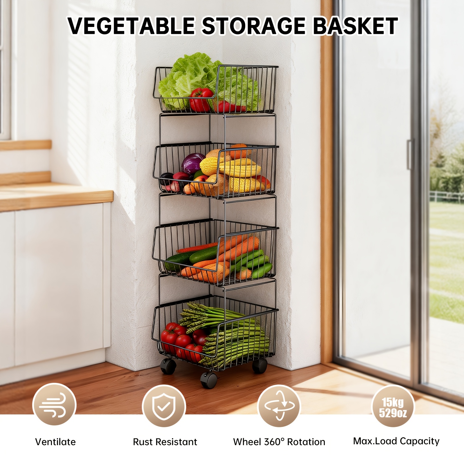 Four-Tier Elevated Stackable Basket Cart for Kitchen Supplies