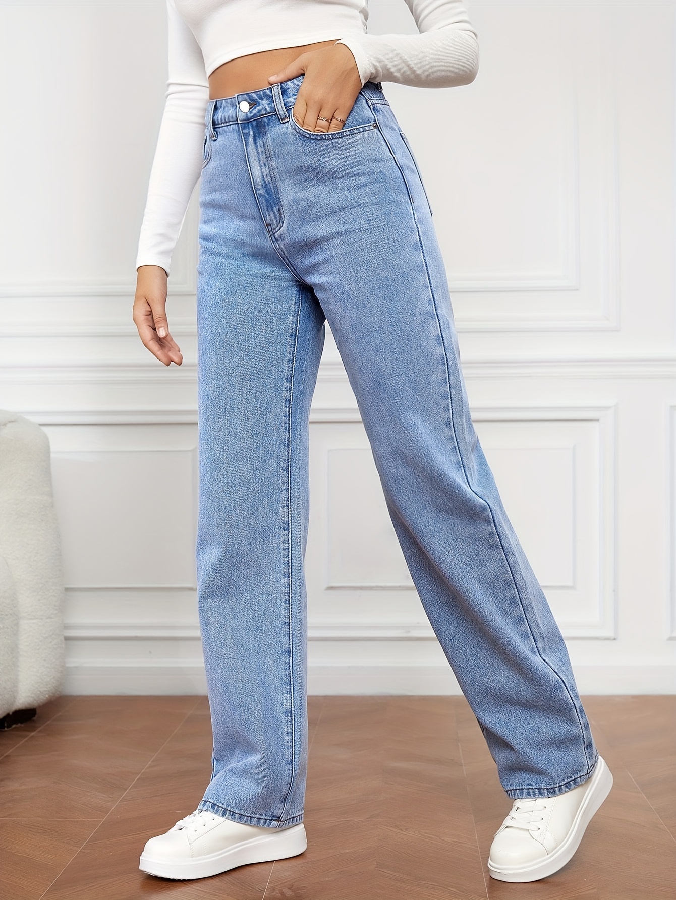 womens high waist washed jeans versatile straight leg pants casual style denim long trousers for daily wear details 4