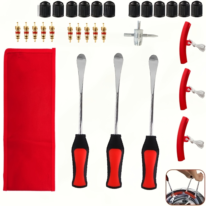 TEMU Kit de changement de pneu de moto 29 pièces avec 3 démonte-pneus, protections de jante, tiges de valve, bouchons de valve et sac de rangement