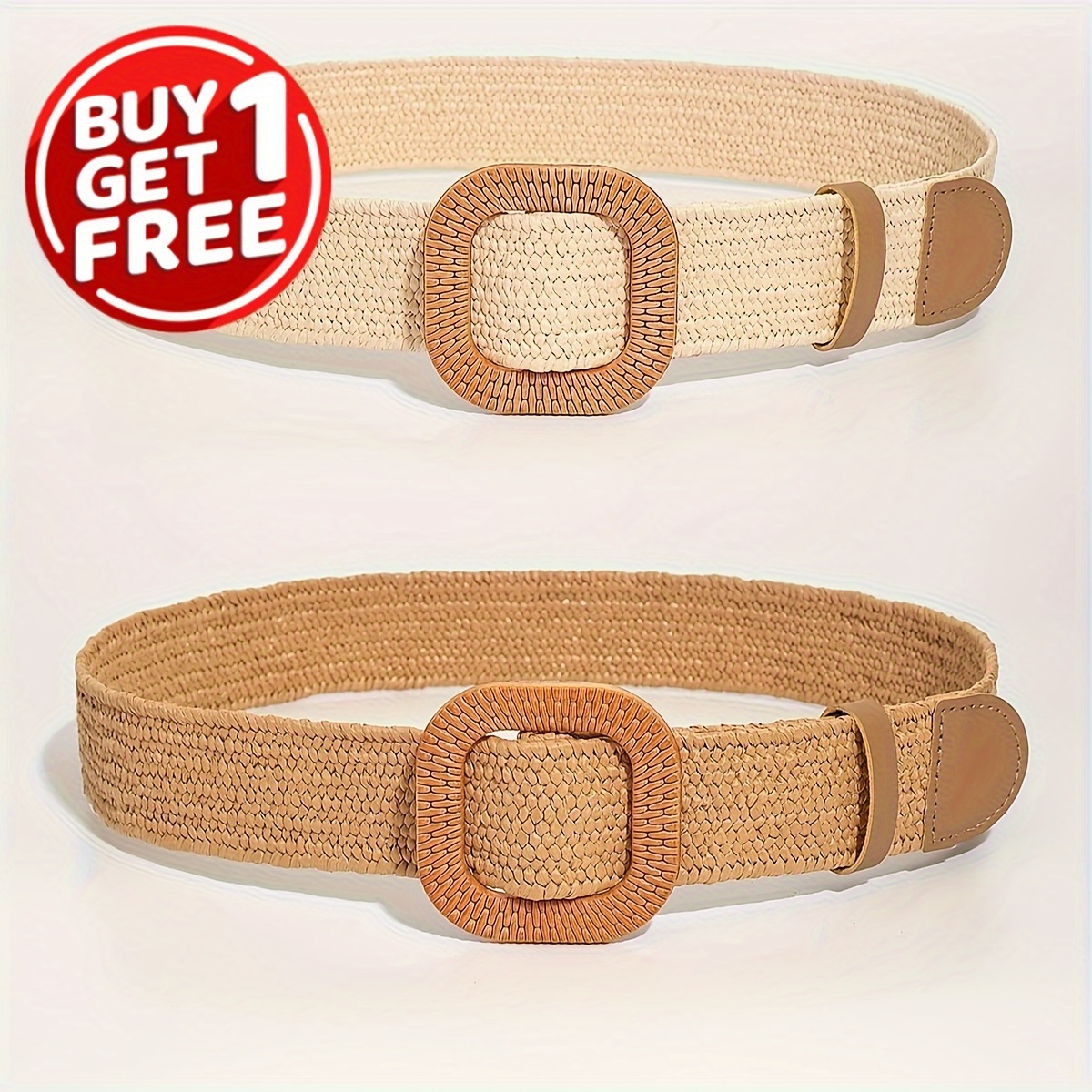 

2pcs/set Braided Brown Straw Belt Classic Square Buckle Wide Belts Boho Summer Beach Waistband For Women Daily Use