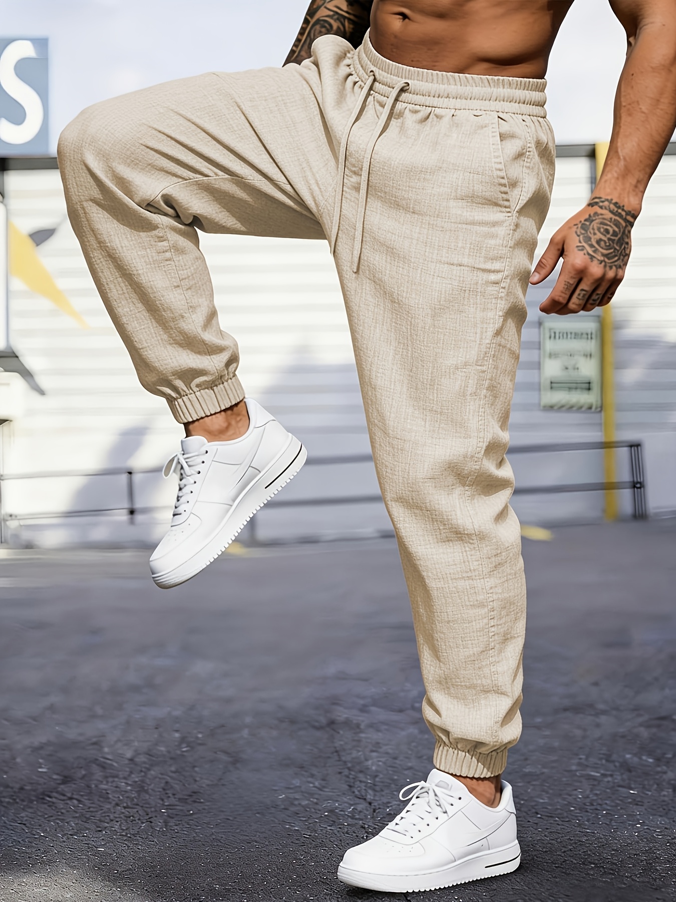 pantalones jogger de lino   para hombre, joggers casuales transpirables y  , tela transpirable de color liso con diseño de cordón, adecuados para uso   en verano y deportes  