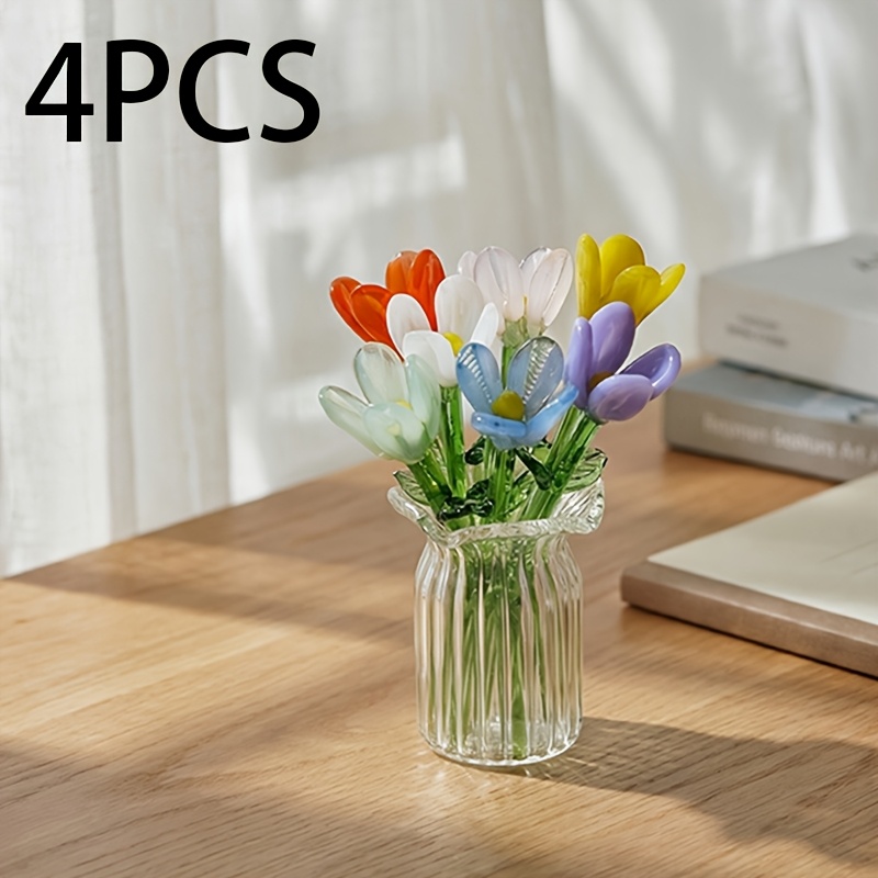 TEMU 4pcs Flower Figurine Random Color Colorful Mini Bouquet Flowers With Small Vase Ornaments Romantic Gifts For Women Mom Birthday Wedding Home