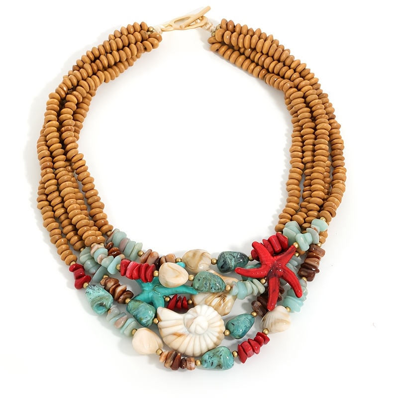 TEMU 1 pièce Collier de plage bohème avec perles en bois multicouches, étoile de simulés - Convient aux femmes, style pour les vacances, les séances