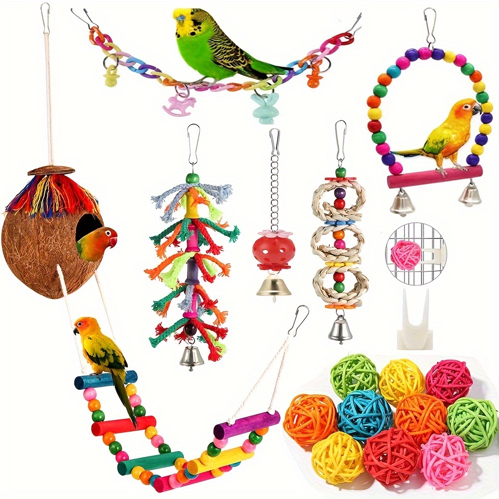

1/3/5 Pack Random Bird Toys Bird Parakeet Swing Chewing Hanging Toys Climbing Ladder Coconut Bird Cage Toys Suitable For Cockatiels, Conures, Finches, Budgie, Love Birds