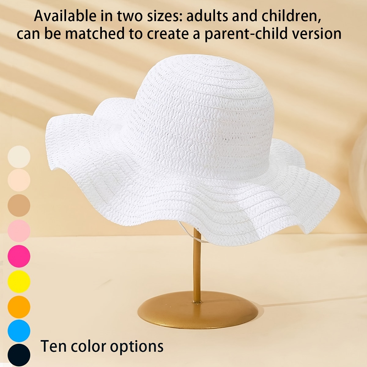 

1pc Unisex Kids Solid Color Fashion Wave Brim Straw Hat, Uv Protection Beach Hat, Perfect For Summer Outfits, Family Matching, Vacation, Wedding Season