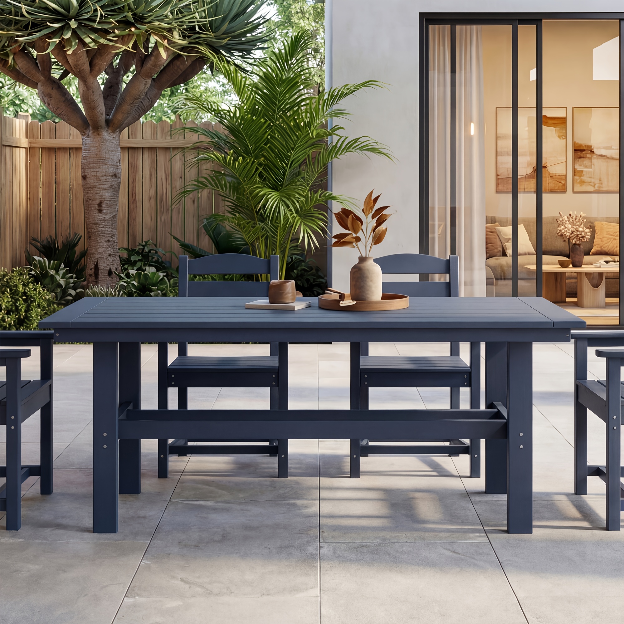 Modern Outdoor Dining Table for 6-Person Rectangle Indoor Outdoor Table with Umbrella Hole & Wood-Like Surface, Weather-Resistant Outside Dining Table for Patio Lawn Garden Backyard, 32.7