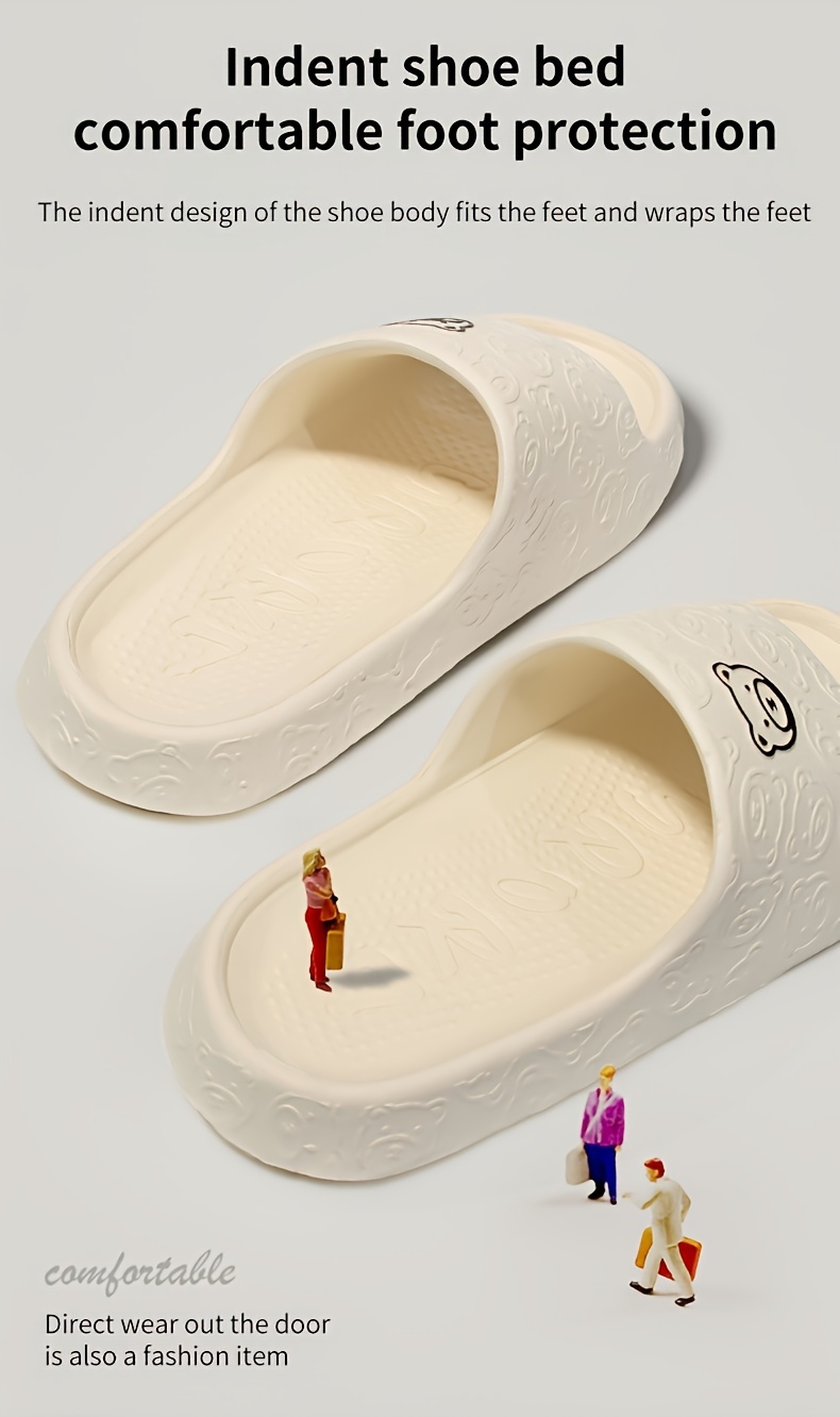 1 Pair EVA Slippers for Couples, Cartoon Bear Design, Comfortable Non-Slip Thick Sole, All-Season Casual Home Bathroom Sandals, Hand Washable, House Slippers