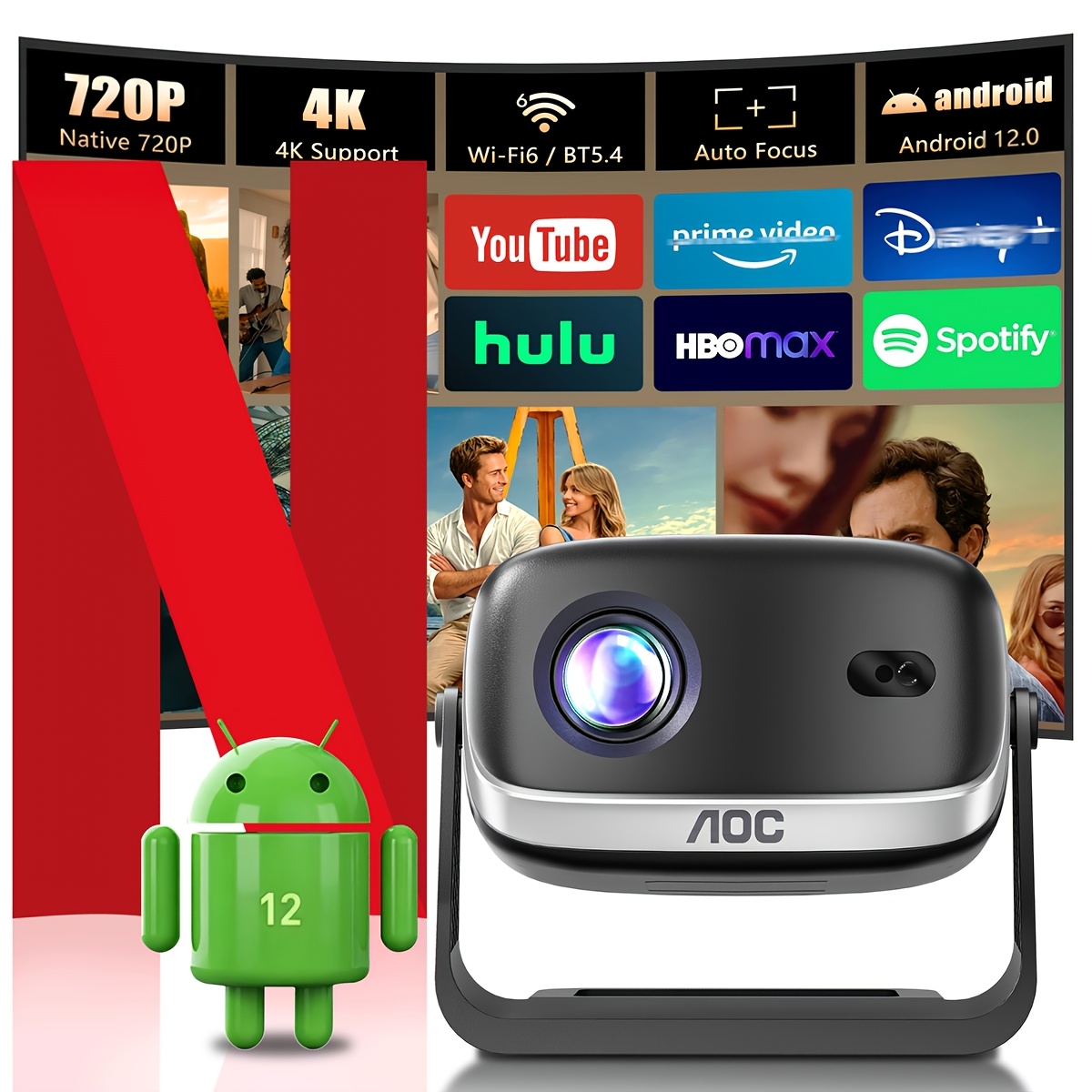 Image of Aoc 12 Projector, Native 720p & 4k Support, And Keystone Correction, Video Outdoor Projector, Valentine's Day, For Indoor/outdoor, Smart Proyector Compatible With Phone/tv Stick/pc