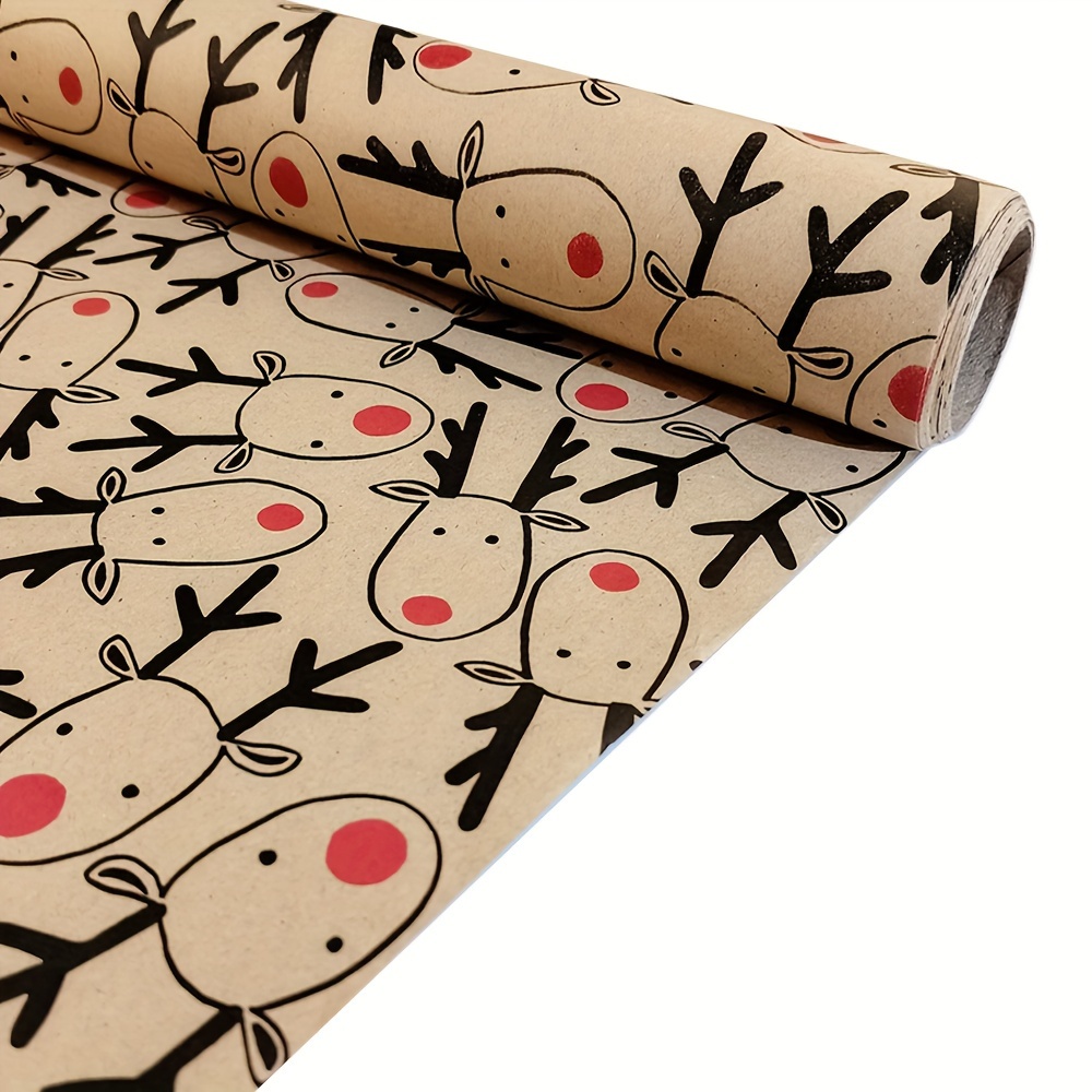 

Festive Vintage Christmas Gift Wrap Paper - Adorable Cartoon Reindeer Design On Kraft Brown Paper - Perfect For Wrapping Presents