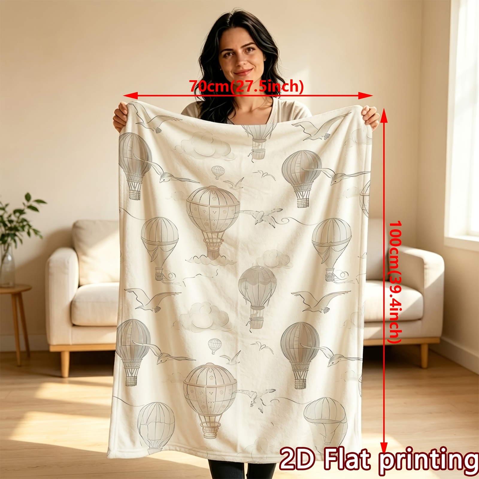 TEMU 2d Flat Printed 1pc Hot Air Balloon Printed Flannel Blanket, A Throw For Home Decor, Suitable For , Perfect For Camping And Travel, Great As An