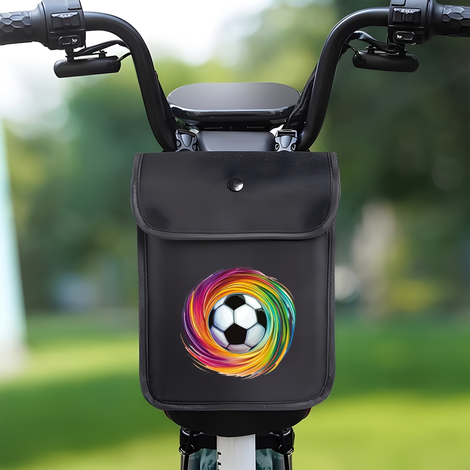 TEMU 1pc Handlebar Bag Colorful Rotating Lines Soccer Pattern Theme Cycling Bag, Electric Bike Bag, Black Fashionable Printed Pattern, Can Hold Keys