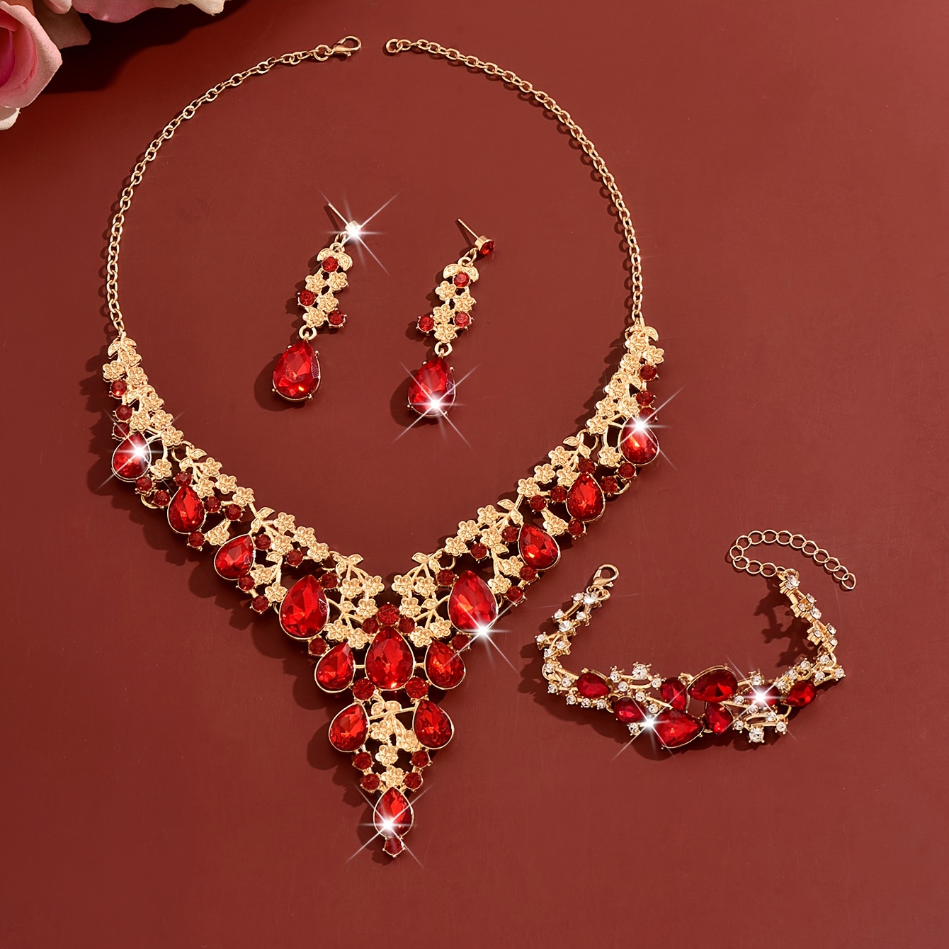 Women's Retro Luxurious Leaf-Shaped Rhinestone 3pcs Set