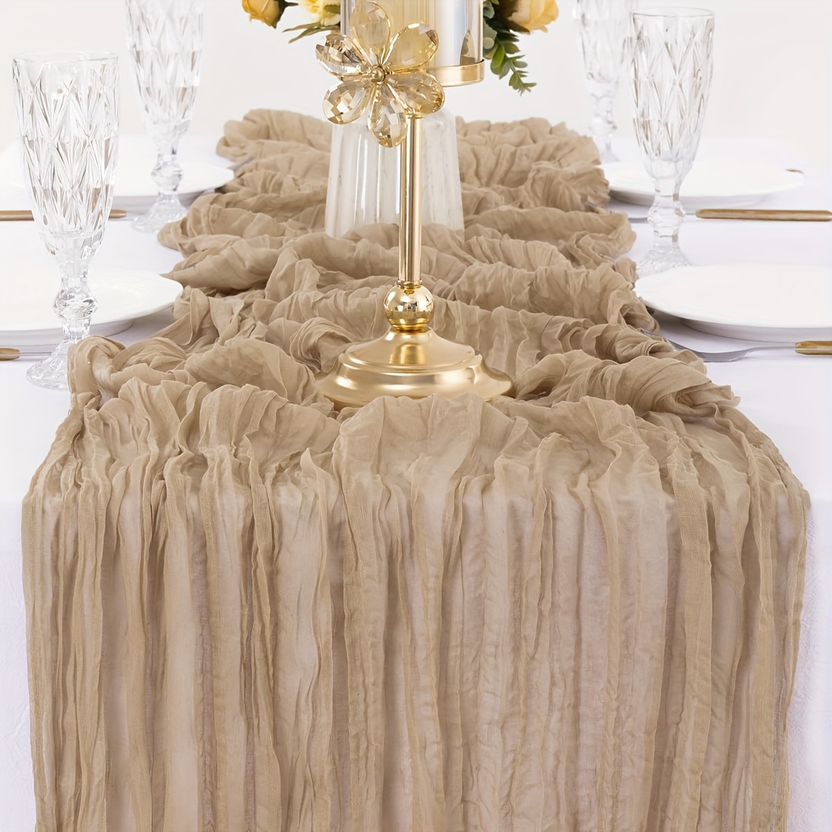 E-shop 5-teiliger Polyester-Gaze-Tischläufer, Boho-Stil Käsetuch-Tischläufer, Vintage Landhausstil Gaze-Tischdecke für Hochzeit, Brautdusche,