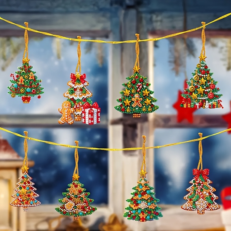 TEMU 2d Flat, 8pcs Christmas Tree Diamond Painting Kit, Round And Irregular-shaped Diamonds, Single-sided Hanging, Festive Christmas Theme, Diy Tools