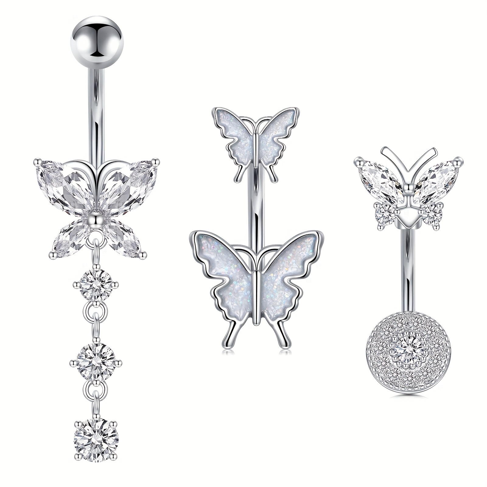Image of 3pcs Belly Button Rings Set, Navel Piercing Surgical Steel Piercing Belly Jewellery For Women