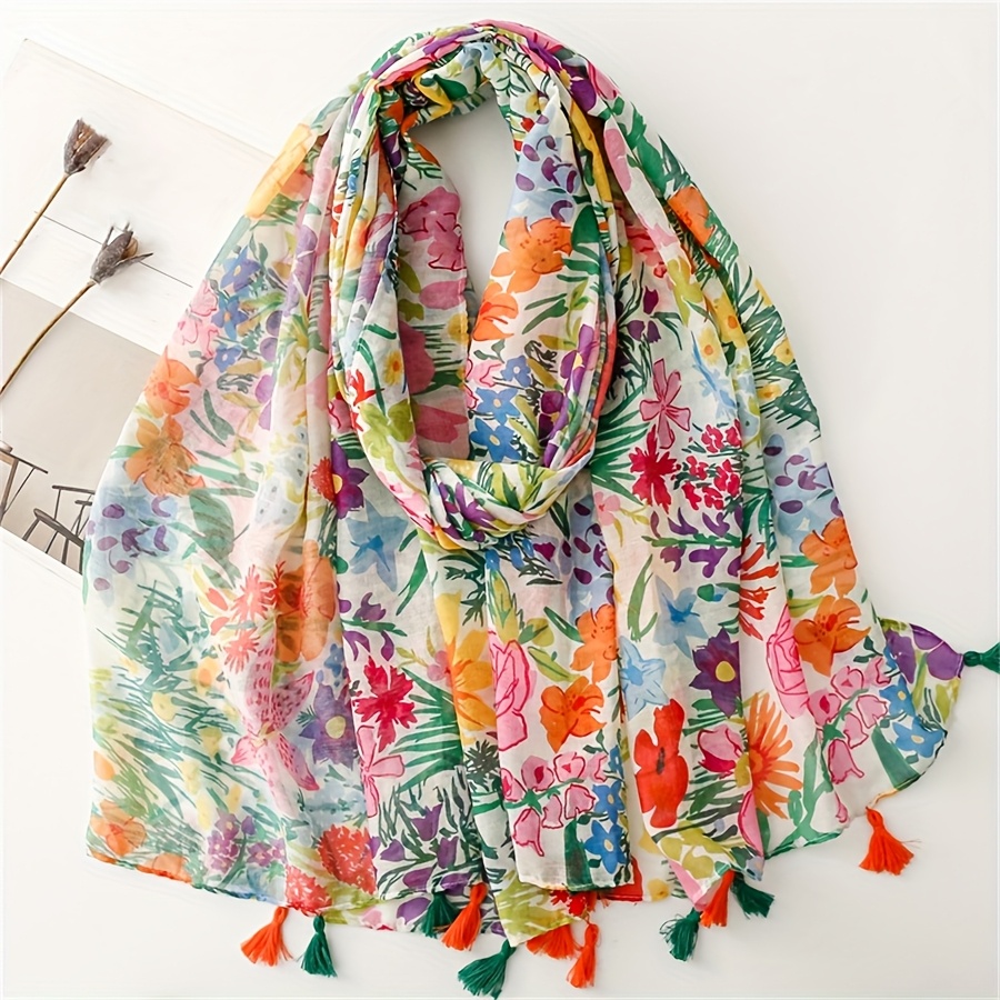 Image of Spring And Summer New Bohemian Style Colorful Plant Soft Casual Fringe Scarf Vacation Wrap Shawl For Women