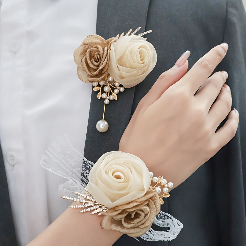 TEMU 2pcs Rose With Metal Alloy High-grade Brooch And Wrist Flower Combination Set Suitable For Wedding Wear Decoration, , Prom Banquets
