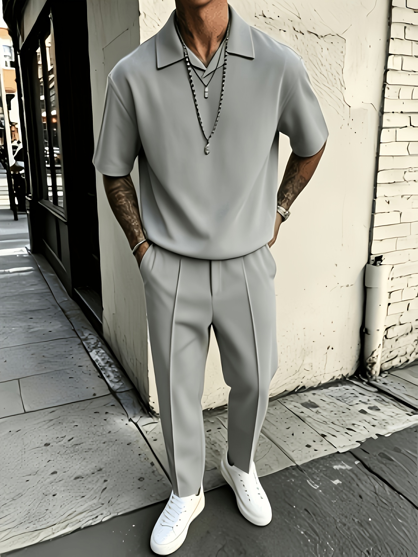Artikelbild neues trendiges sommer-herren-set: kurzärmeliges revershemd mit langer hose mit geradem bein, schlichtes freizeit-outfit