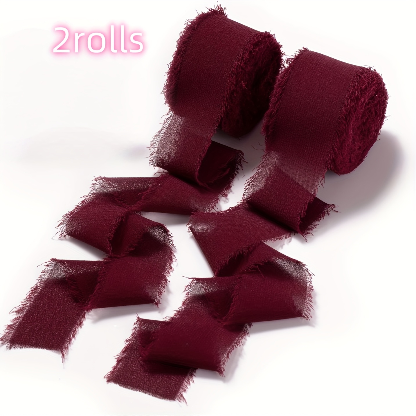 Image of 2rolls 1 Inch* Burgundy Chiffon Ribbon - Fringe, Dark Red, Frayed, Thin For Crafts, Gift Wrapping, Wedding Invitations Christmas, Halloween