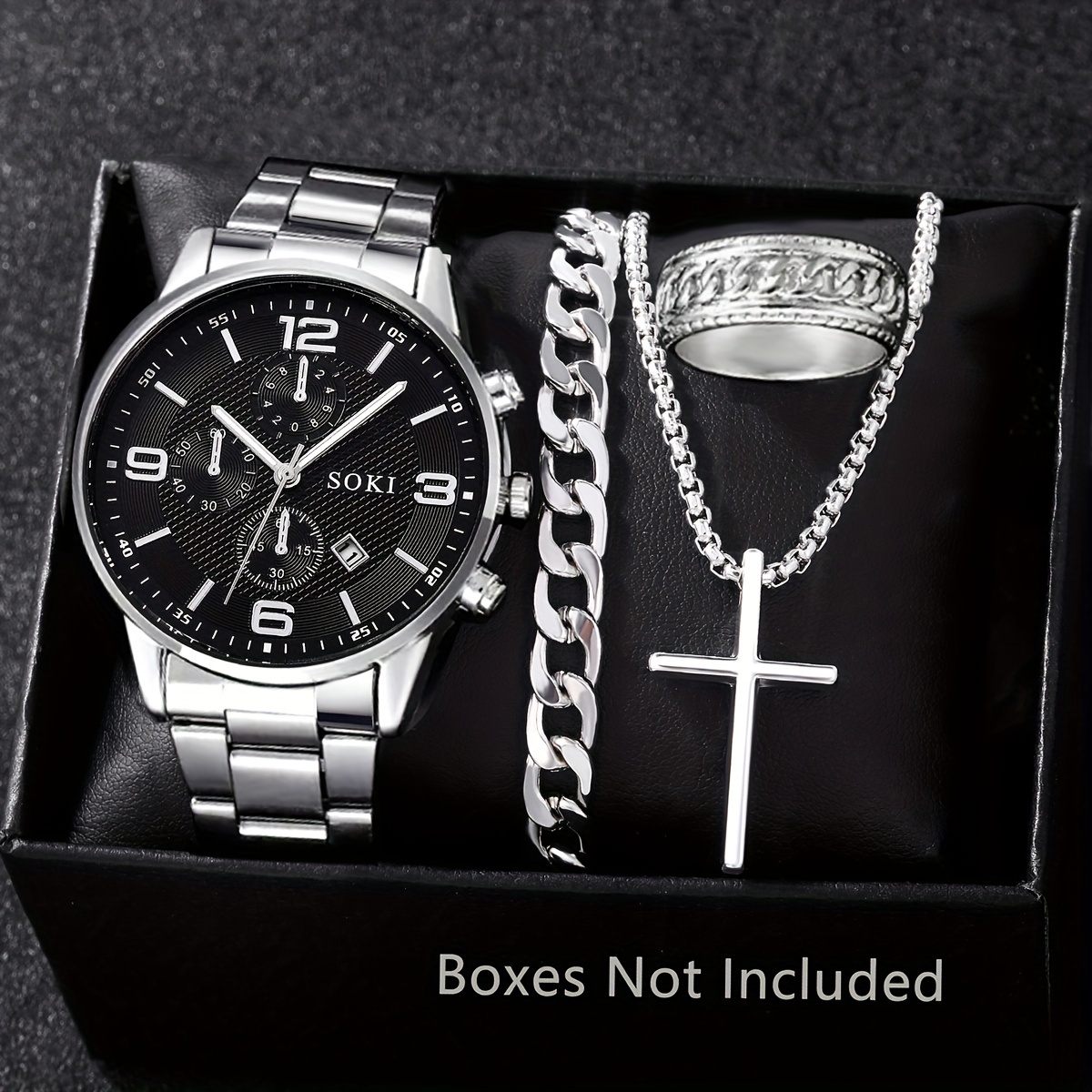 Conjunto de reloj para hombre SOKI, 4 relojes de cuarzo de moda con calendario, collar con colgante de cruz plateada, esfera redonda, pantalla de puntero, caja de aleación, correa de acero inoxidable, pila de botón no recargable, con pulsera de anillo, regalo perfecto para él, para el Ramadán.