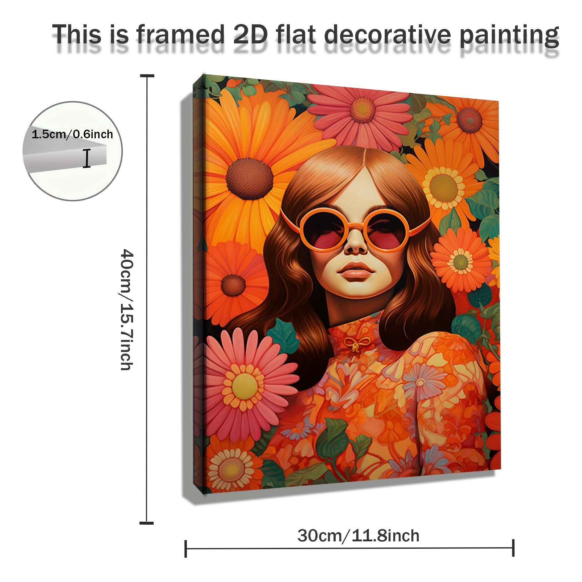 TEMU sur toile encadré en bois 2D plat, 1 pièce, représentant et des fleurs dans un style années 1970. Cette impression d'art incarne des années 70,
