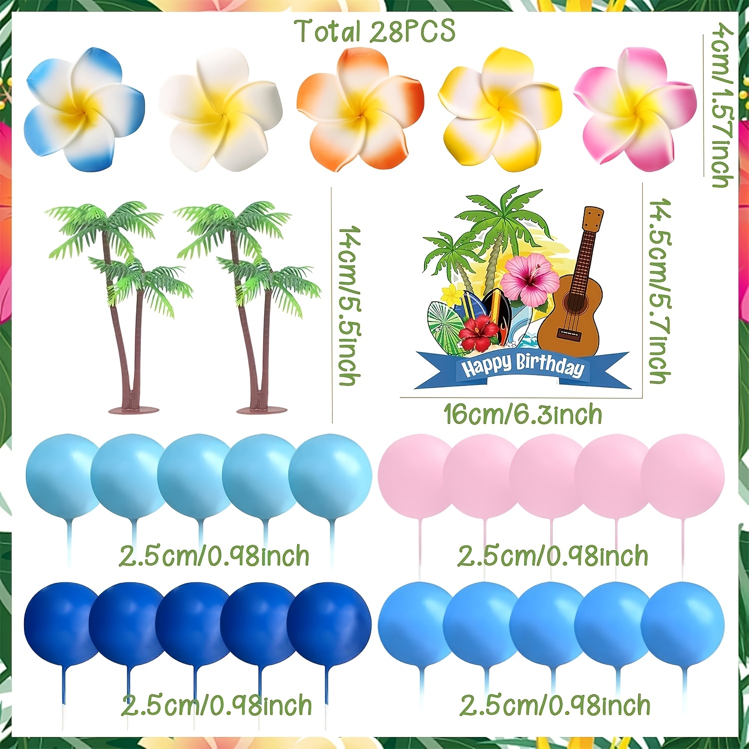 TEMU Laventy 28pcs Cake Toppers Tropical Luau Birthday Decorations Tropical Beach Cake Decorations Summer Hawaiian Aloha Bachelorette Party Supplies