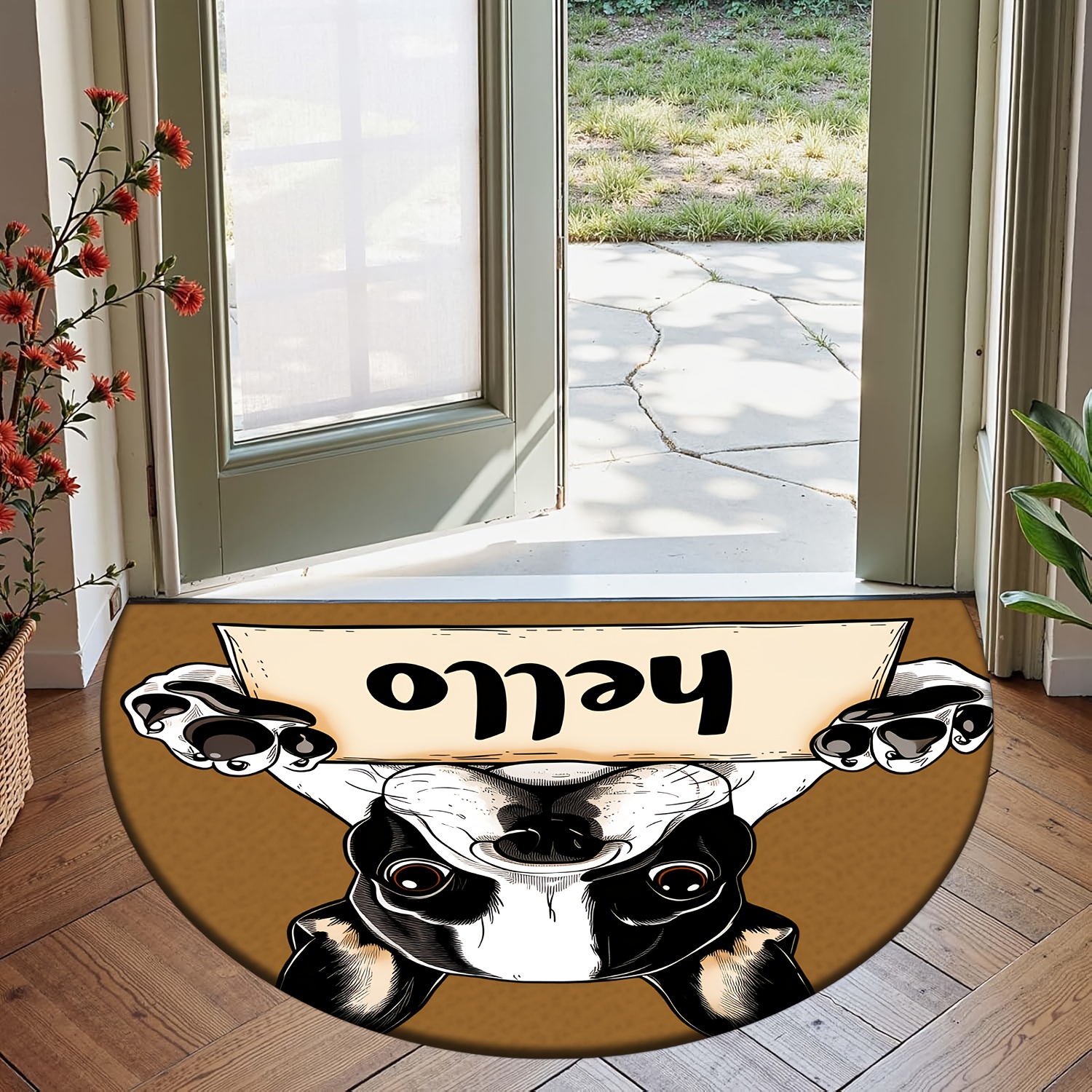 TEMU Alfombra Semicircular [Franela + Espuma de 1cm de Grosor] | Diseño de Bulldog Francés Sosteniendo un de Bienvenida, Adecuada para Múltiples como