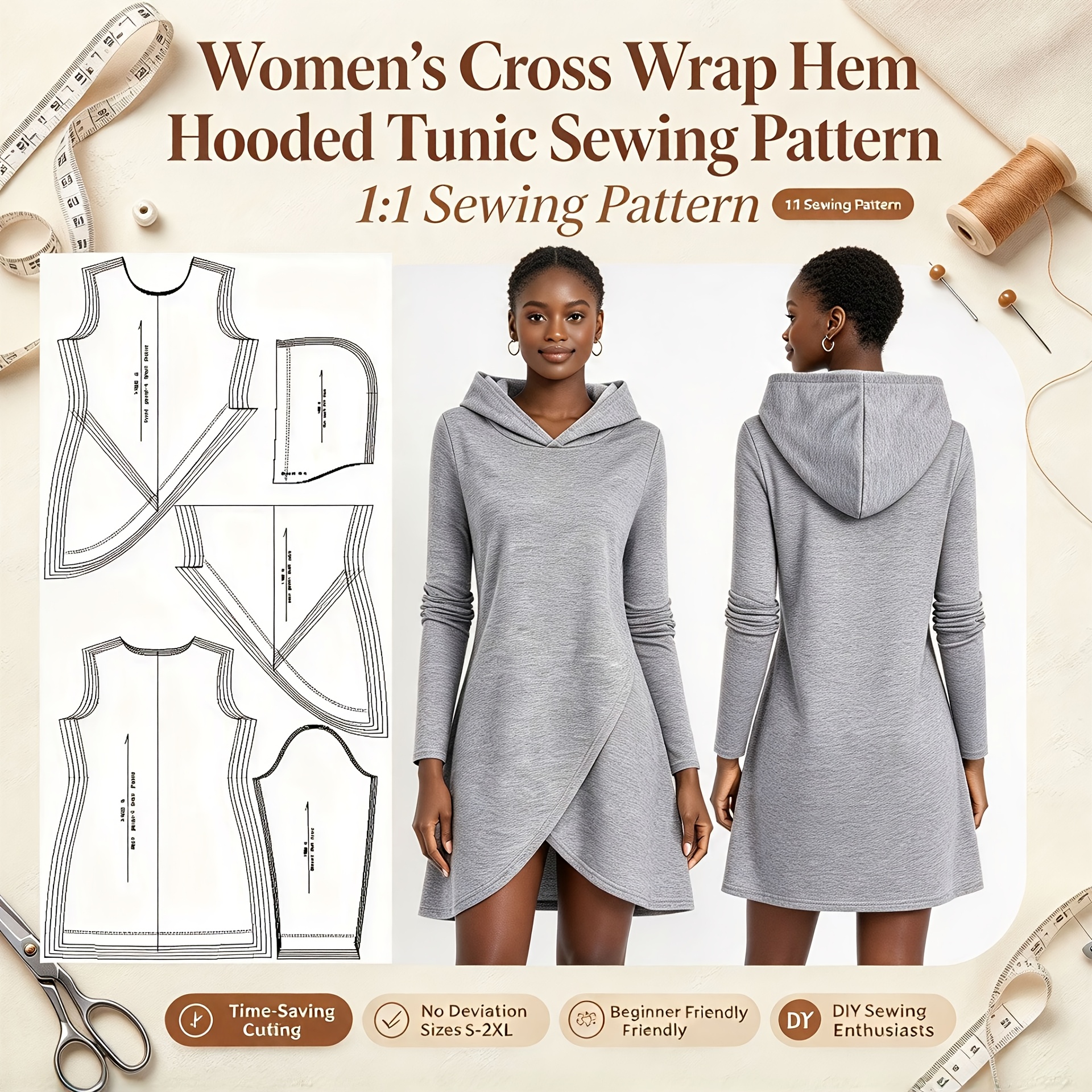 TEMU Women's Fashion Hooded Long 1:1 Pattern - Pattern Only, Not The Garment. Available In Sizes S-2xl. :1 Scale Pattern, Beginner-friendly Sewing