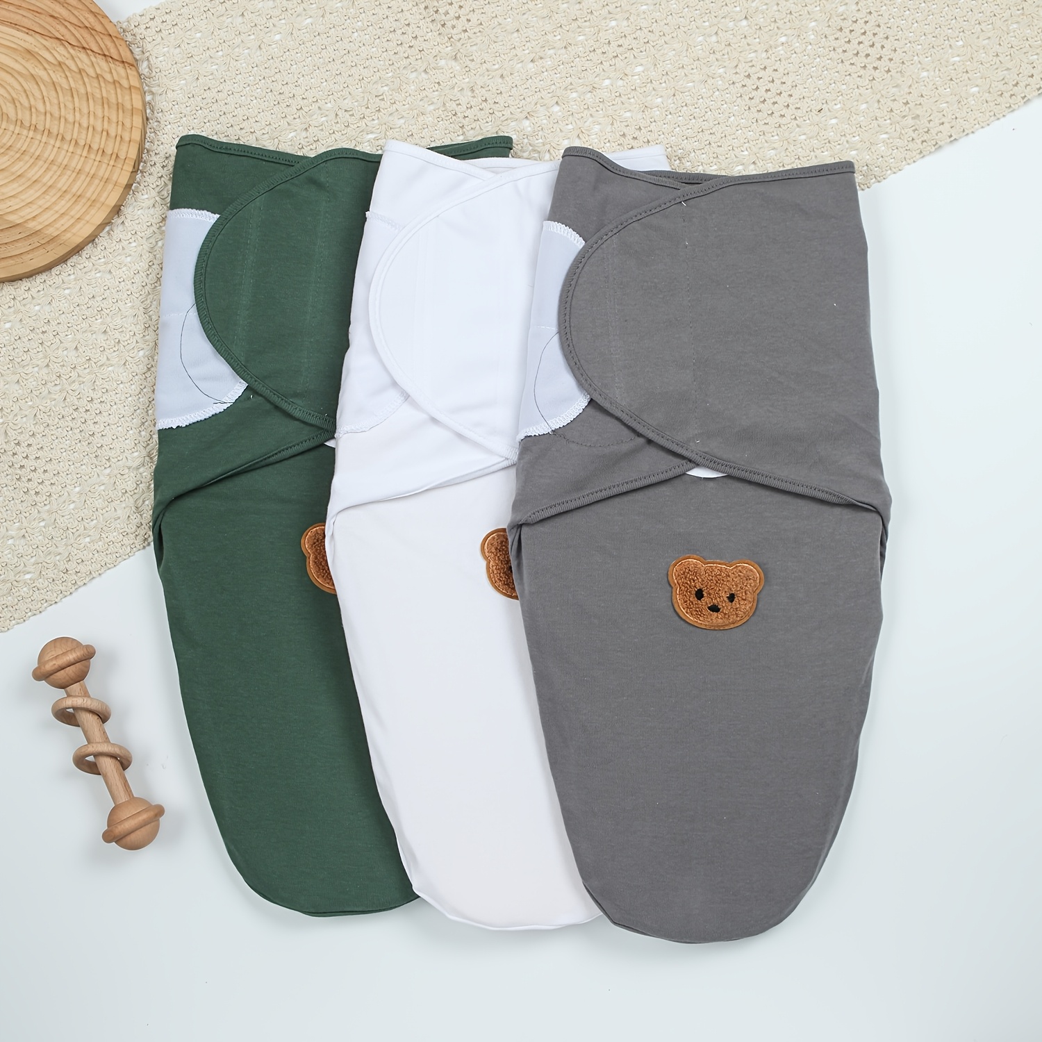 3pcs Baby Pure Swaddle Set, Bear Applique Design, Soft And Comfortable, Suitable for 0-3 Month Old Babies, Baby Swaddling Blanket, Universal for All Seasons, Newborn Supplies